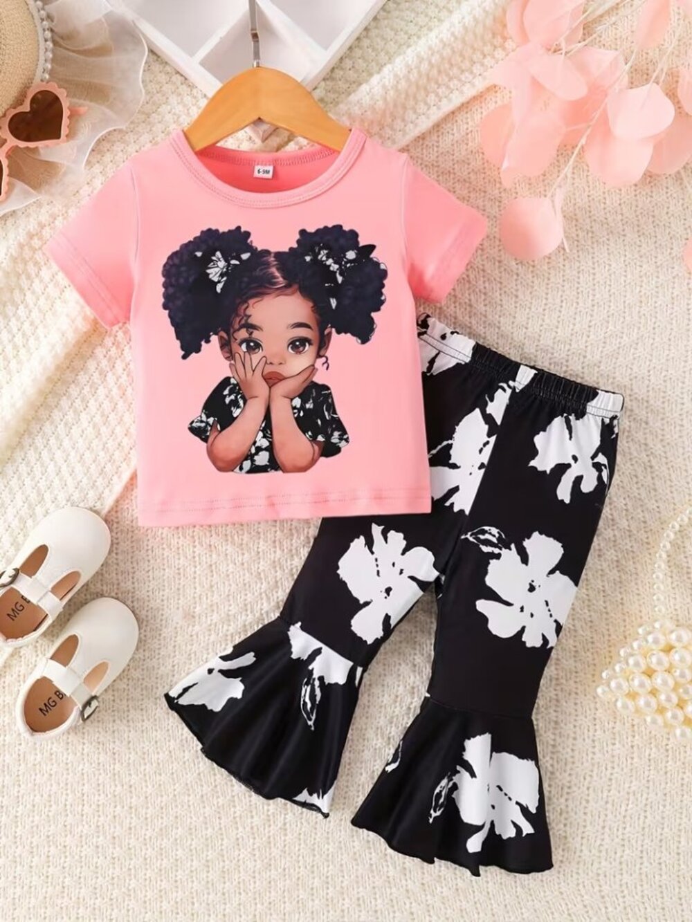 Girl - Cute Braid Girl Short Sleeve Floral Ruffle Pants Set